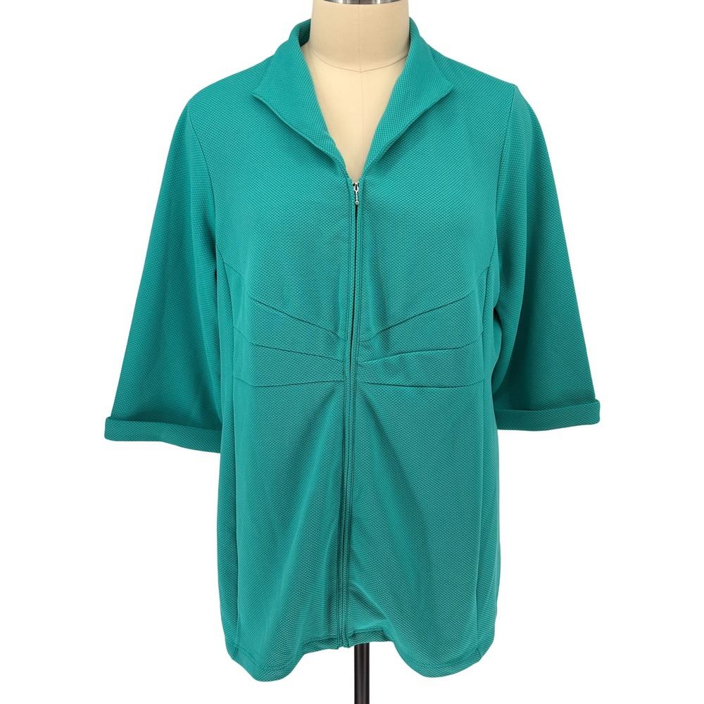 Dennis Basso‎ Zip Front Jacket Teal Green Textured Waffle Knit 3X